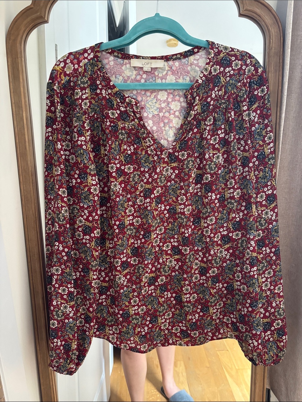 LOFT Burgundy Floral V-Neck Long Sleeve Blouse